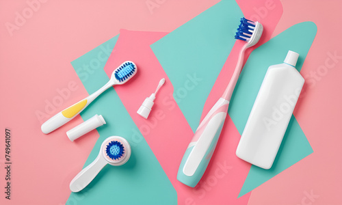 Flat lay composition with manual toothbrush, irrigatoro, toothpaste and oral hygiene products on colored background