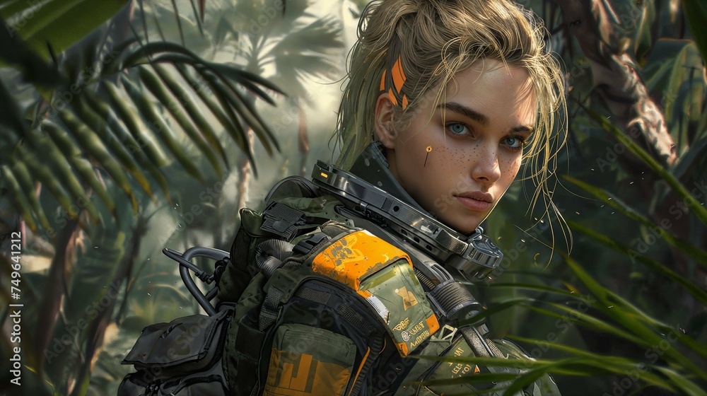 A woman wearing a camouflage outfit stands confidently amidst dense jungle foliage.