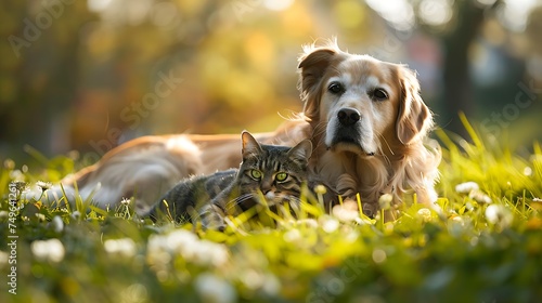 Dog and cat relaxing together in the grass