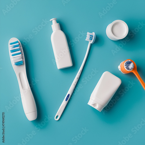 Flat lay composition with manual toothbrush, irrigatoro, toothpaste and oral hygiene products on colored background