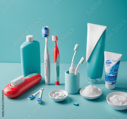 Flat lay composition with manual toothbrush, irrigatoro, toothpaste and oral hygiene products on colored background