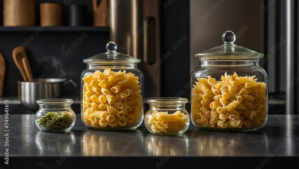glass jars with dry assorted pasta in the kitchen rustic glass jars with dry assorted pasta in the kitchen rustic