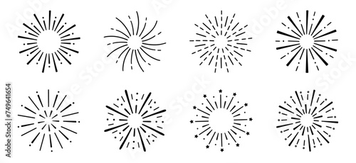 Fireworks, star burst doodle set. Festive fireckrackers, sunburst explosion, Sparkles in sketch style. Hand drawn vector illustration isolated on white background