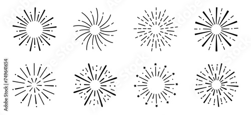 Fireworks, star burst doodle set.  Festive fireckrackers, sunburst explosion, Sparkles in sketch style. Hand drawn vector illustration isolated on white background