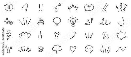 Expression sign, Anime manga doodle set. Comic decorative brush stroke lines, design elements, emotion symbols, movement in sketch style. Hand drawn vector illustration isolated on white background