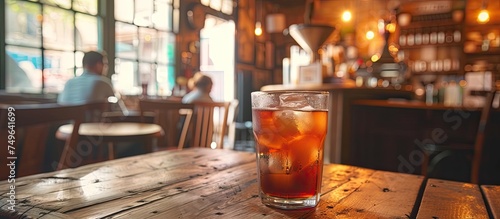 A wooden table is featured in the image, topped with a glass filled with refreshing cold brew coffee. The liquid inside the glass is dark, indicating it is coffee. The table has a simple, rustic