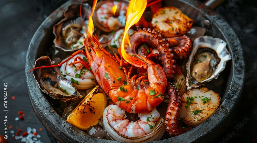 A bowl filled with a variety of seafood including fish, shrimp, mussels, and squid. A bowl filled with a variety of seafood including fish, shrimp, mussels, and squid.