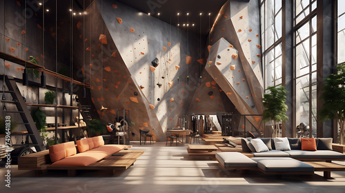 A gym interior inspired by nature, with rock climbing walls and wooden equipment. photo