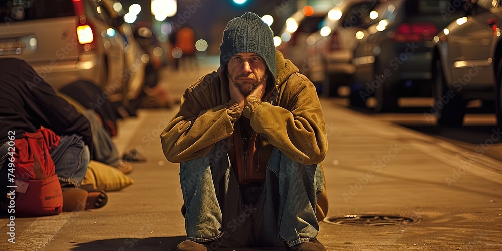 Unemployed man sitting on the ground distressed with no way to earn a living