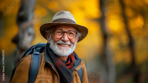 An elderly man with a hat and glasses is smiling at the camera, with a blurred nature background suggesting outdoor activity. Ai generative