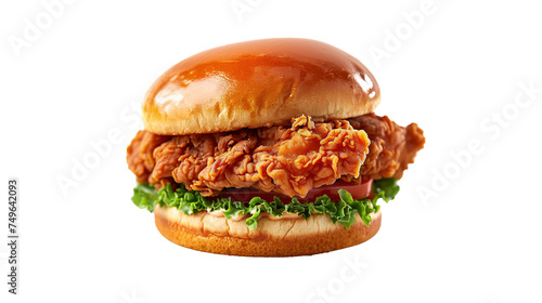 Chicken burger with crispy cutlet in breaded, cheese and vegetables isolated transparent background