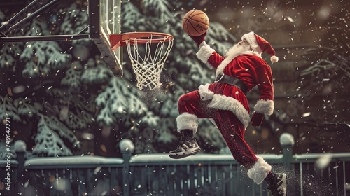 Santa Claus slam dunks a basketball while balling on the court during the Christmas holiday season