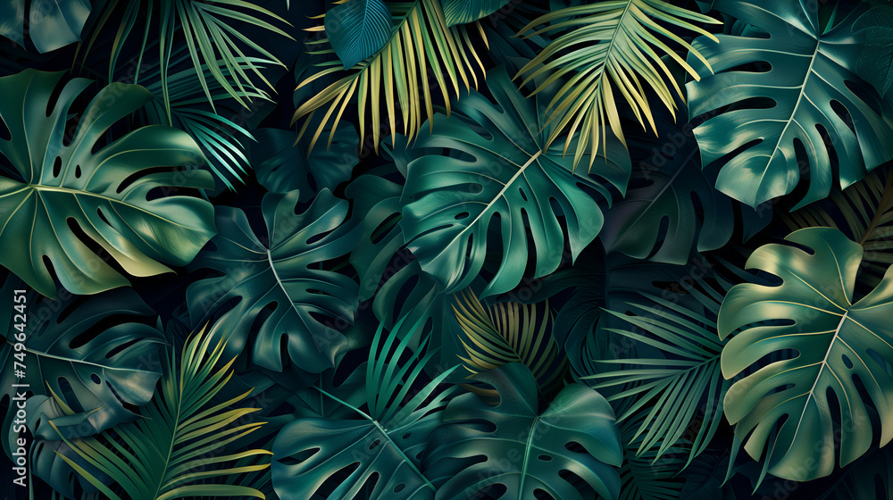 background of tropical leaves, monstera and palm leaf for background