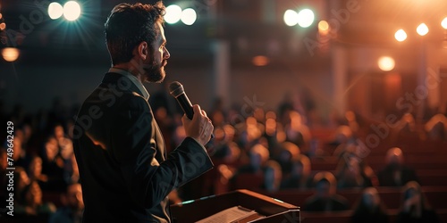 Preacher giving sermon during the Sunday service at church photo