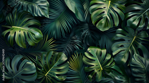 background of tropical leaves, monstera and palm leaf for background © Anuson