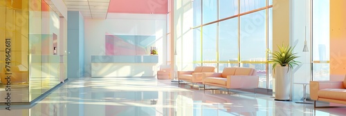 Pastel corporate office lobby concept with reception area and waiting room sitting photo