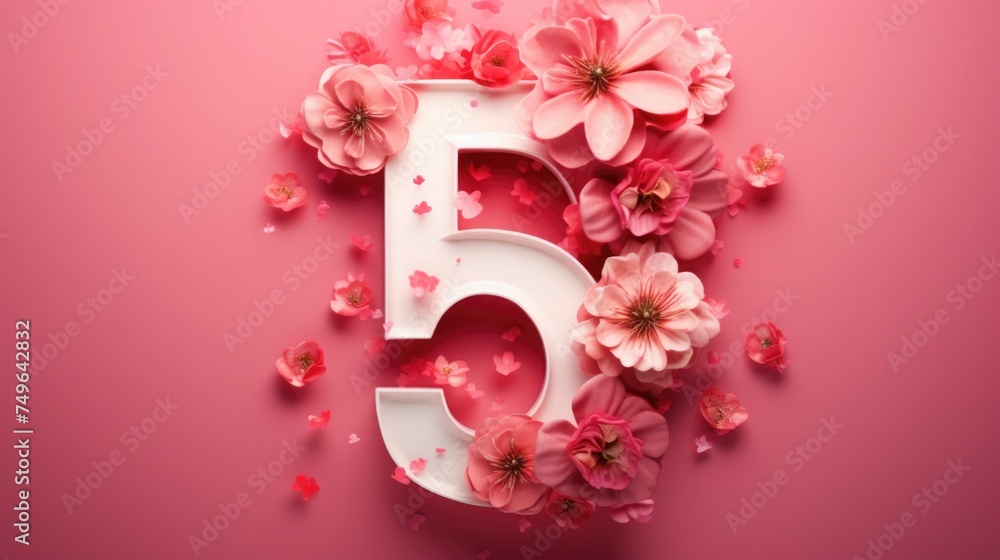 number 5 and orange flowers on a red, pink background. birthday invitation card. spring and holiday.