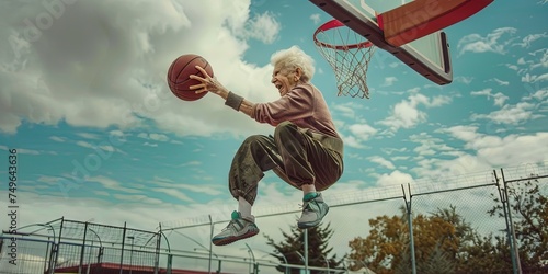 Grandma playing basketball - elderly woman of retired age enjoying life by taking it to the extreme with a healthy active fitness lifestyle photo