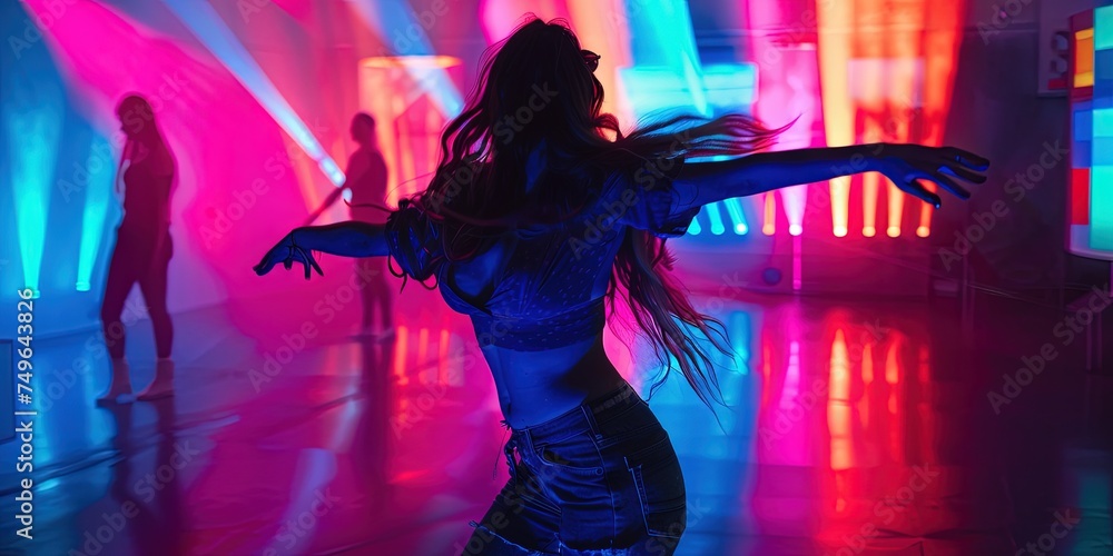 Fototapeta premium Young woman dancing at a rave - black light and colors as electronic dance music (EDM) plays