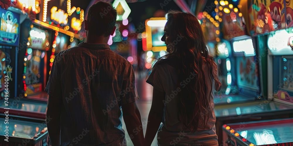 Fototapeta premium Couple having fun at the state fair amusement park carnival playing games at night