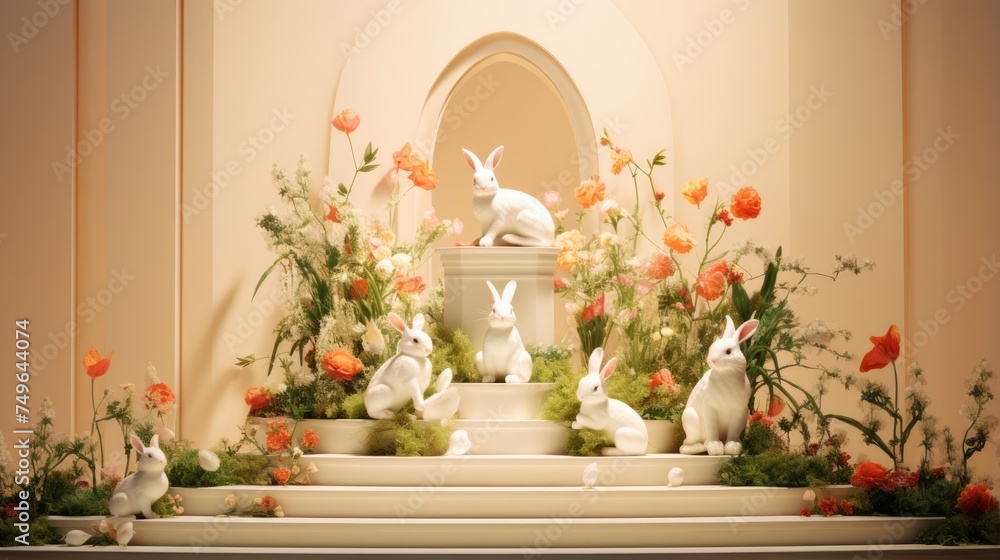 White rabbits of different sizes sit on a podium decorated with various colorful flowers. White rabbits of different sizes sit on a podium decorated with various colorful flowers.
