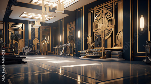 A gym interior inspired by the 1920s jazz age, with art deco decor and jazz music playing in the background.
