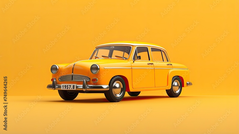 A 3D rendering of a classic yellow car from the 1950s on a yellow background.