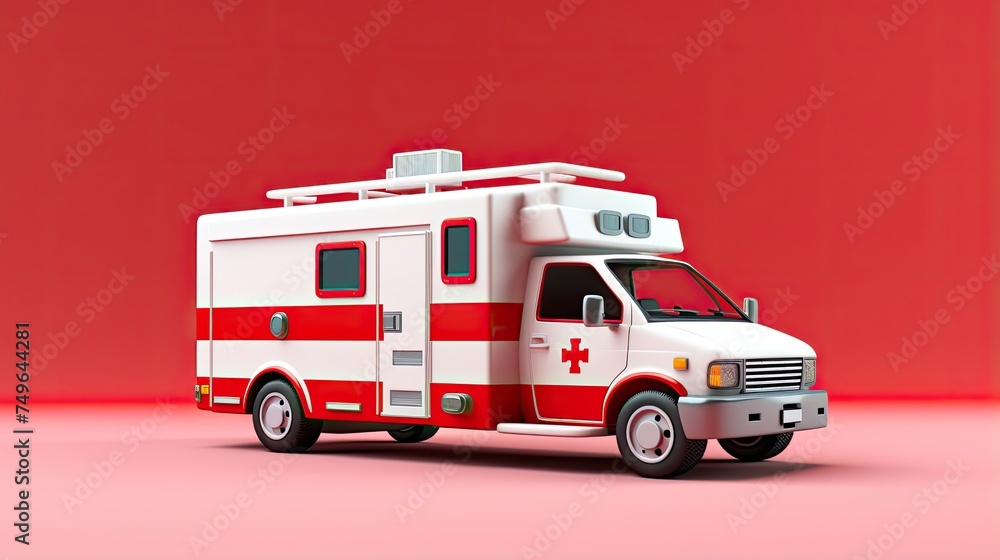 A 3D rendering of a red and white ambulance on a pink background. The ambulance has a cross on the front and the word A 3D rendering of a red and white ambulance on a pink background. The ambulance has a cross on the front and the word