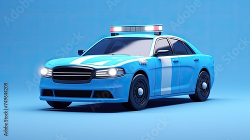 A 3D rendering of a blue police car with a light bar on top. The car is in focus and the background is blurred.