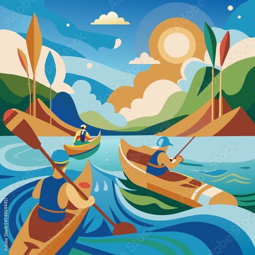 kayaks and canoes on the background of bright abstract figures © Andrei