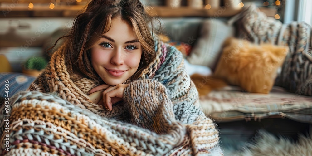 Woman wrapped in comfy soft crochet blanket Woman wrapped in comfy soft crochet blanket