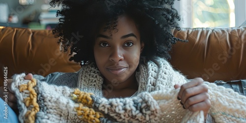 African American woman wrapped in comfy soft crochet blanket 