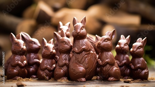 A close-up image of a group of milk chocolate bunnies posed on a wooden table against a blurry background of firewood. photo