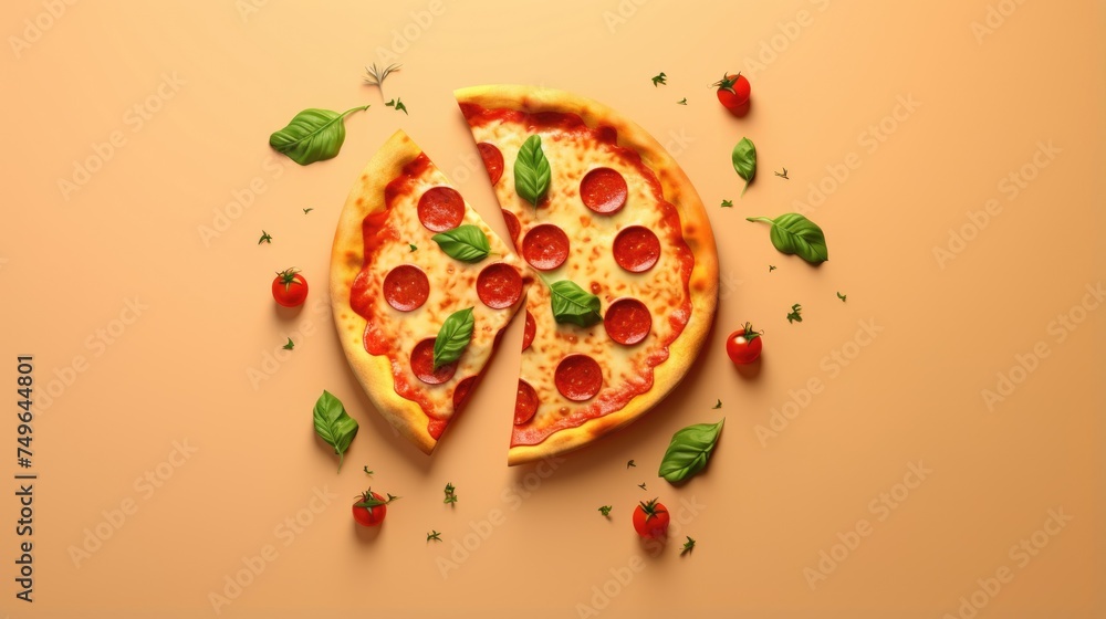 A delicious pepperoni pizza with a missing slice. The pizza is topped with melted cheese, pepperoni, and basil. A delicious pepperoni pizza with a missing slice. The pizza is topped with melted cheese, pepperoni, and basil.