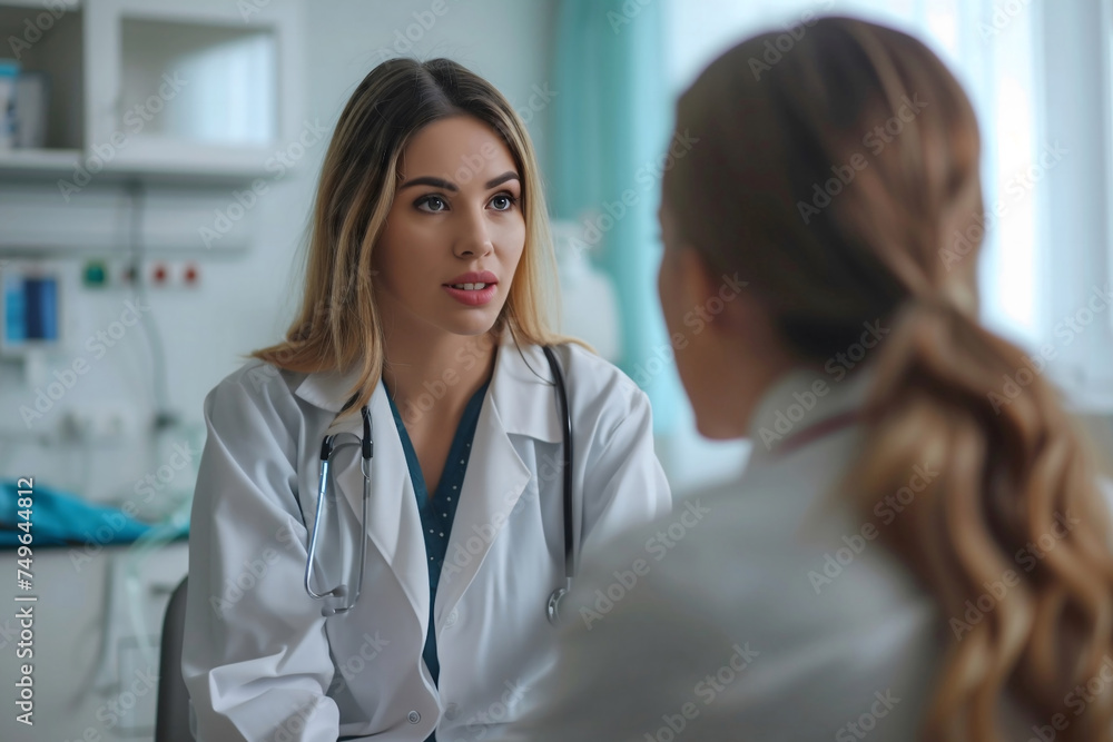 young female doctor sitting in ward,attentively listening to patient complaining about her illnesses,concept of caring for patients,promoting healthy lifestyle,providing high-quality medical care