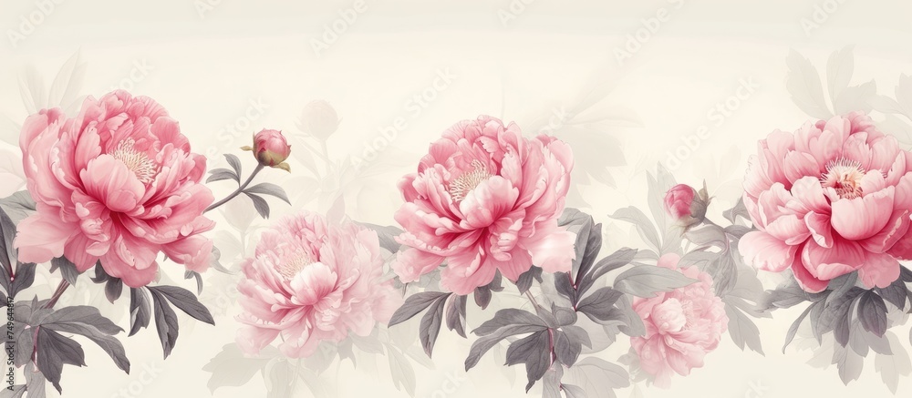 A painting featuring vibrant pink peonies in full bloom set against a clean white background. The delicate petals and intricate details of the flowers stand out beautifully in this vintage floral