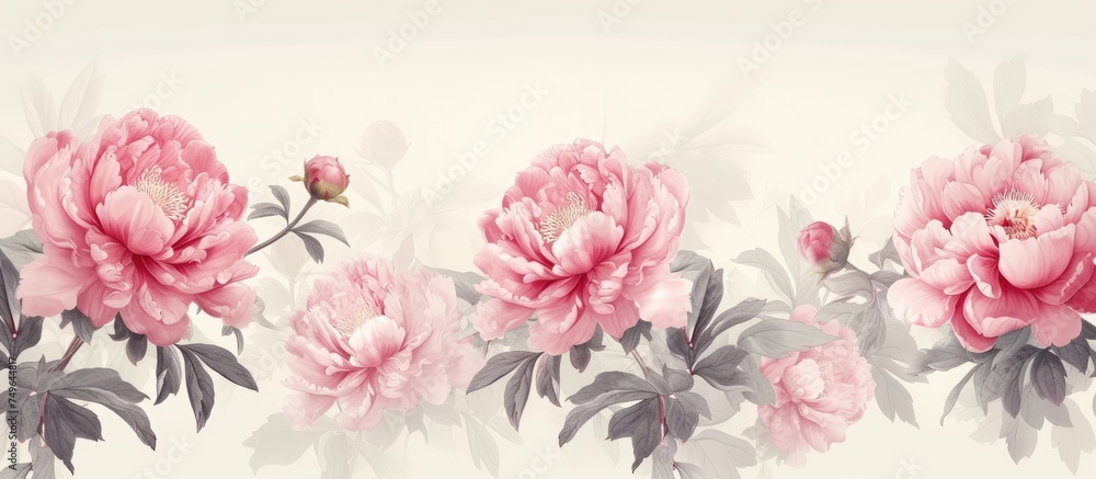 A painting featuring vibrant pink peonies in full bloom set against a clean white background. The delicate petals and intricate details of the flowers stand out beautifully in this vintage floral A painting featuring vibrant pink peonies in full bloom set against a clean white background. The delicate petals and intricate details of the flowers stand out beautifully in this vintage floral