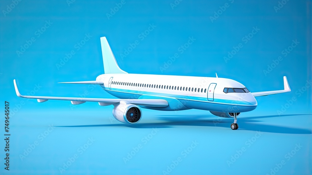 A sleek and modern passenger airplane is parked on a runway. The blue and white plane is ready to take off into the sky.