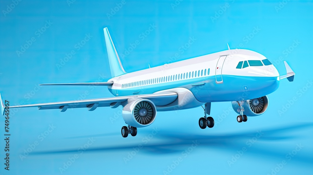A sleek and sophisticated airplane is flying through the sky. The plane is white and blue with a red stripe on the side. The sky is clear and blue.