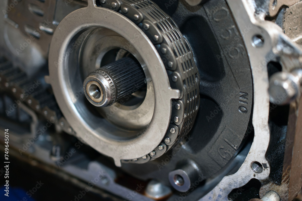 Close up of a pulley on an engine. Close up of a pulley on an engine.