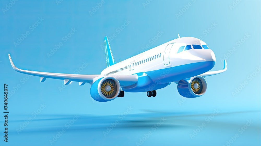 A sleek and stylish airplane flies through the sky. The plane is white and blue with two engines and a large wingspan. A sleek and stylish airplane flies through the sky. The plane is white and blue with two engines and a large wingspan.