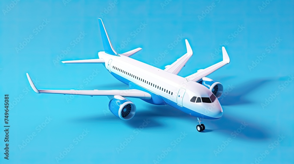 A sleek and stylish airplane is flying through the sky. The plane is white and blue with two engines and a large wingspan. A sleek and stylish airplane is flying through the sky. The plane is white and blue with two engines and a large wingspan.
