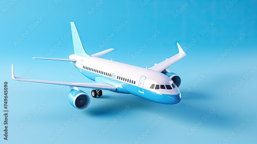 Obraz premium A sleek and stylish airplane is flying through the sky. The plane is white with blue accents, and it has a long, pointed nose and a large wingspan.