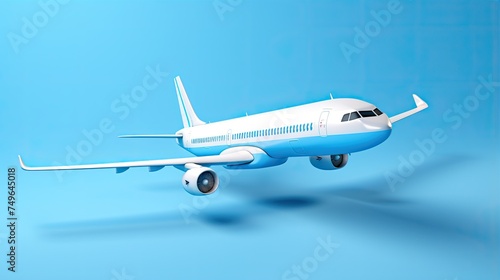 A sleek and shiny airplane flies through a clear blue sky. The plane is white with blue accents, and its wings are spread wide.