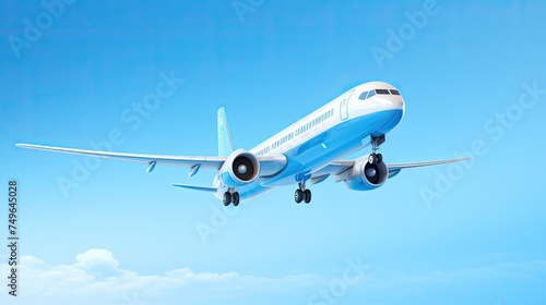 A sleek and shiny passenger jet flies through the clear blue sky.