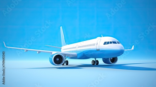 A sleek and shiny blue and white airplane is parked on a runway with its landing gear down.