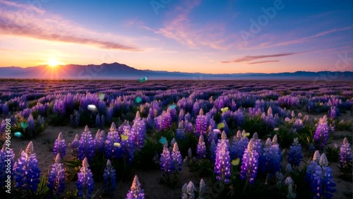 A field of desert lupine flowers at sunrise and butterflies fluttering, showing the beauty of nature in spring Seamless looping 4k time-lapse animation video background photo