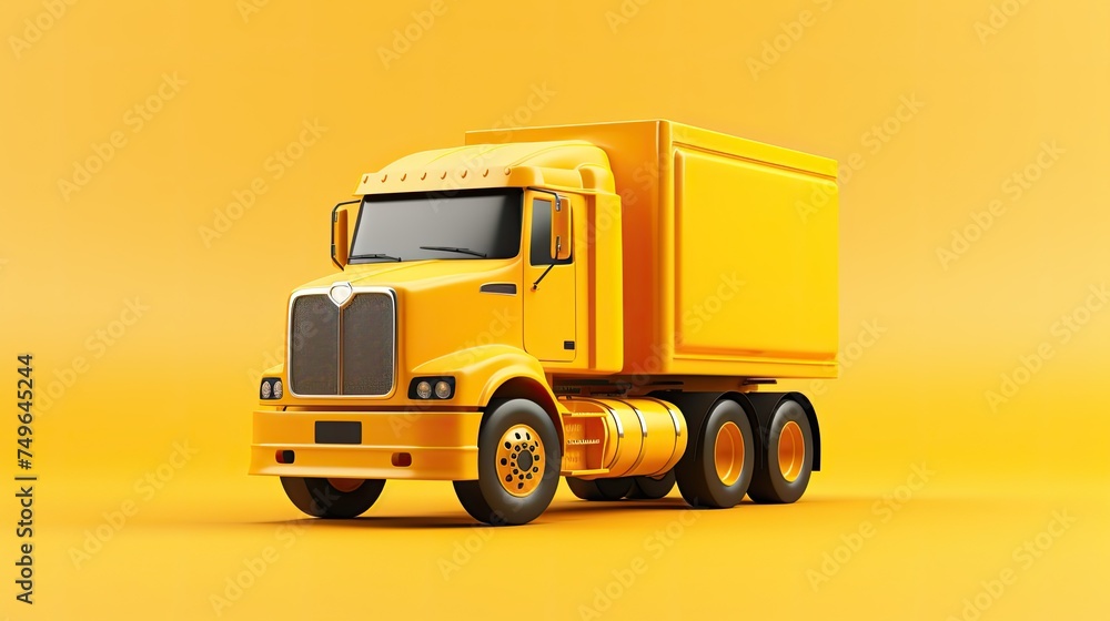 A yellow semi-truck is shown from a low angle in a 3/4 view. A yellow semi-truck is shown from a low angle in a 3/4 view.