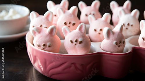 Cute and fluffy pink marshmallow bunnies sitting in a pink heart-shaped dish. Perfect for Easter or any other special occasion.