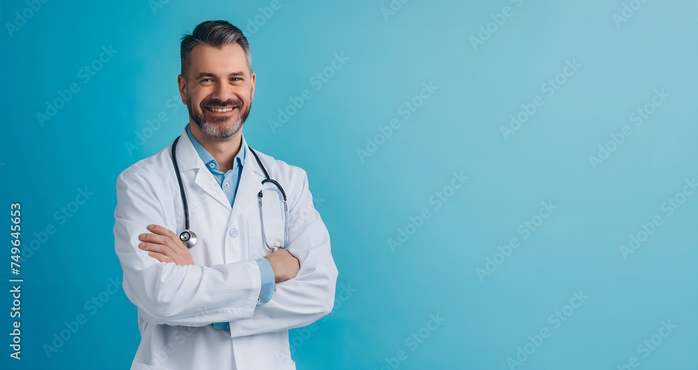 elderly modern male doctor, in medical white coat with stethoscope, stands smiling,arms crossed on his chest,on blue background,concept of medical materials,an advertising banner with a place for text elderly modern male doctor, in medical white coat with stethoscope, stands smiling,arms crossed on his chest,on blue background,concept of medical materials,an advertising banner with a place for text